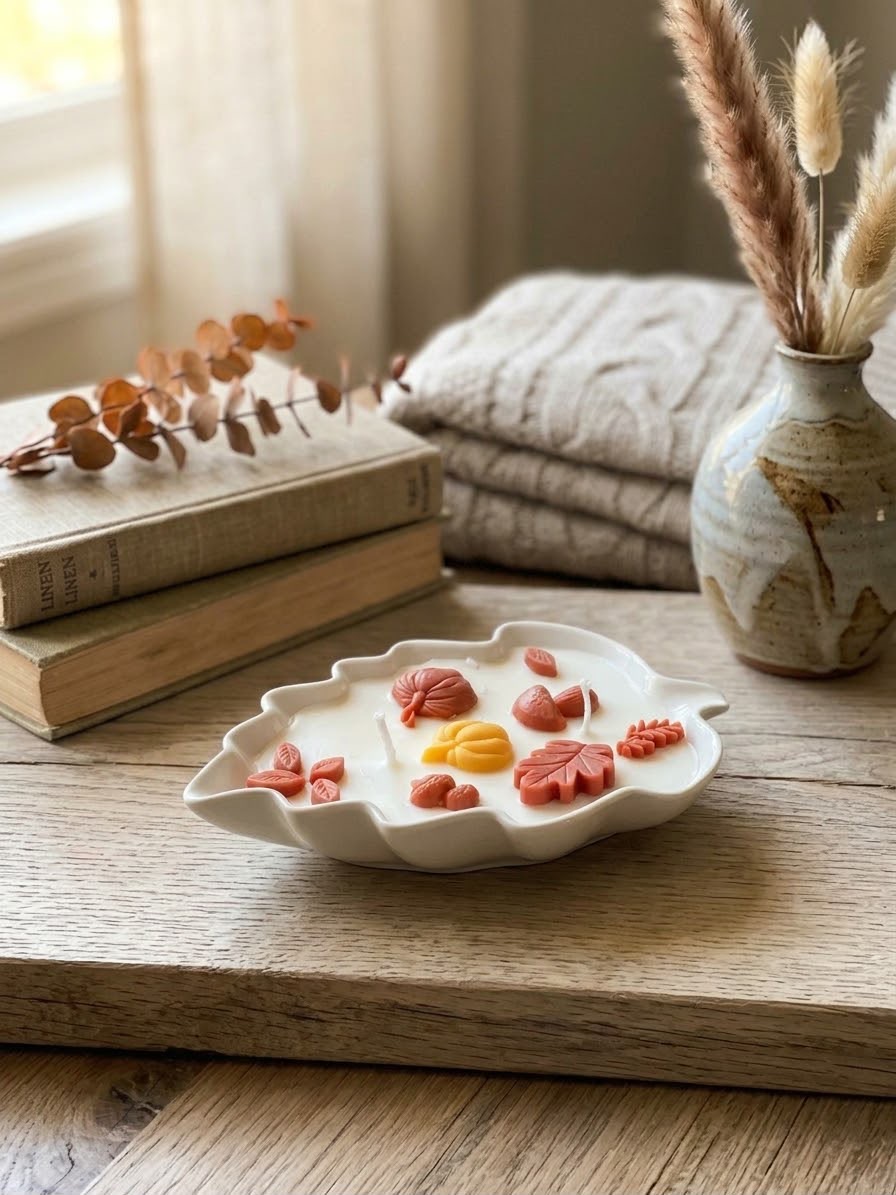 Leaf-shaped tray candle with autumn-coloured wax leaves on a sunlit wooden table